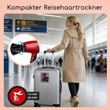 Складаний дорожній фен Aigostar 1500W з подвійною напругою (110-220V), компактний фен для подорожей, легкий (400г), кабель 1.75 м