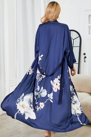 Жіночий шовковий халат-кімоно Moreone з квітковим принтом, довгий, нічна сорочка, атласний халат для нареченої та подружок нареченої (5-marine)