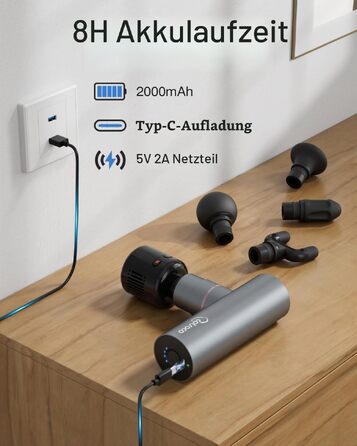 Перкусійний масажер cotsoco Mini Massage Gun з функціями підігріву та охолодження, металевий корпус, 5 насадок для глибокого масажу м'язів, сірий