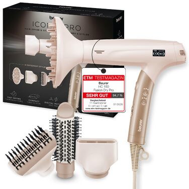 Фен для волосся Beurer HC 150 FusionDry Pro з цифровим двигуном, іонізацією та складаним ручкою, 4 насадки для стайлінгу, компактний дорожній