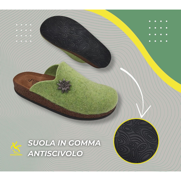 Зимові домашні капці Alpine Clogs з вареної вовни для чоловіків та жінок, теплі тірольські пантолети, Made in Italy, світло-зелені, розмір 39 EU
