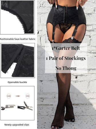 Чорний шкіряний стрінговий пояс-ремень з 6 фіксаторами. Сет стрінгових аксесуарів для жінок, великі розміри (XXL).