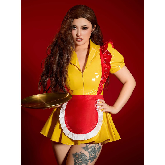 Костюм покоївки Mobbunny для жінок, сексуальна білизна, комплект форми покоївки, набір для Хелловіну, жовта сукня зі спідницею та капелюшком