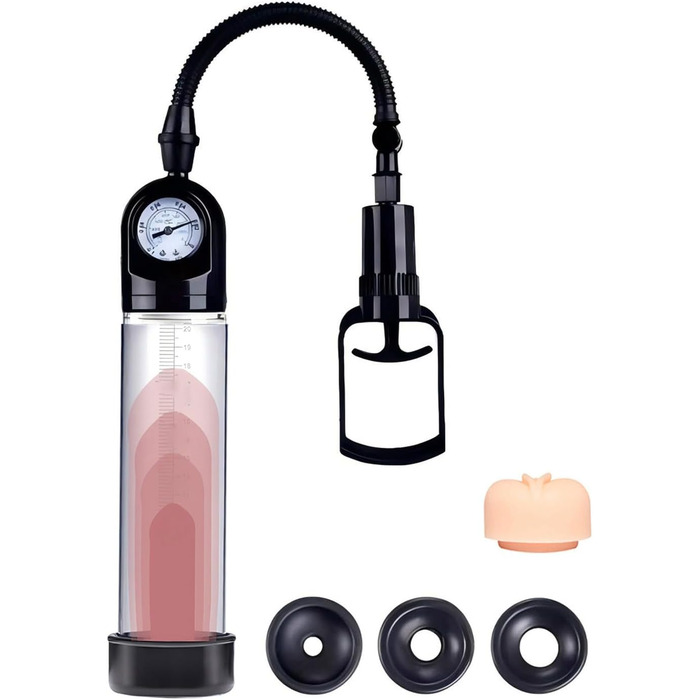 Ручний масажер для збільшення пеніса з силікону та 3 насадки. Масажер-накачувач з манометром та шкалою. Для чоловіків. (D,Positive)
