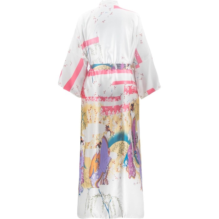 Кимоно халат для жінок великих розмірів, довгий, з атласу, легкий, японський, плюс сайз, халат-кімоно, юката (Sakura Ukiyoe білий, XL)