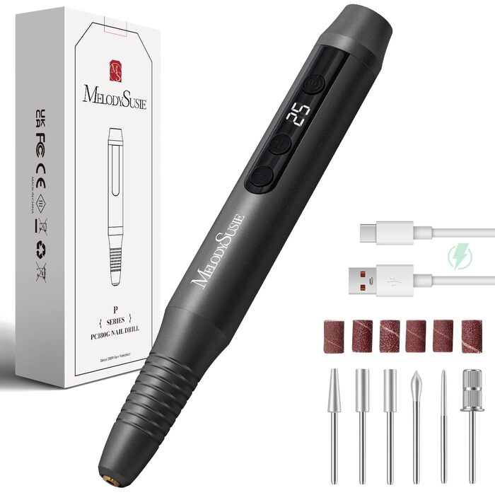 Професійний бездротовий апарат для манікюру та педикюру MelodySusie PC180G, електрична фреза для нарощених нігтів 25000 об/хв, 25 рівнів швидкості, LED-дисплей (Чорний)