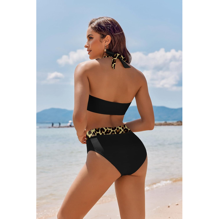 Бікіні жіночий комплект Екауер: двочастинний купальник з високою талією, ефект корекції живота, на зав'язках, S-X (XL, леопард)