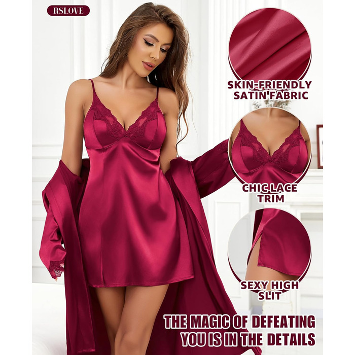 Комплект ніжної піжами RSLOVE Daen Satin з мереживом: халат та трусики (бордовий, L)