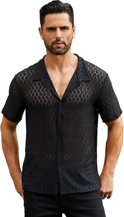 Чоловіча мереживна сорочка ABEHIK, чорна, з короткими рукавами, для вечірок та клубів