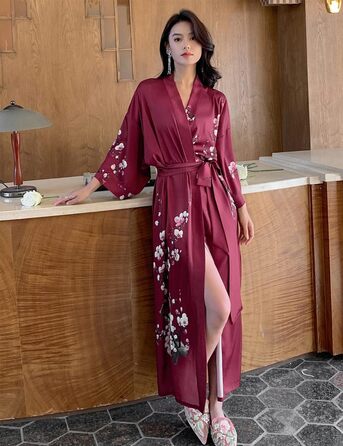 Жіночий халат з довгим рукавом з шовку, сатин, кімоно, квітковий принт, універсальний розмір (квіт павловнія, винний)