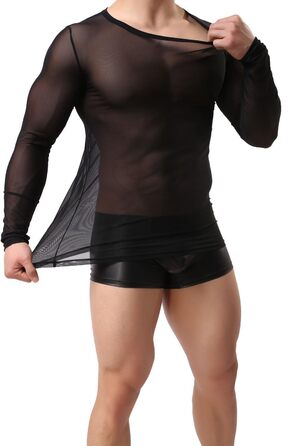 Чоловіча прозора чорна майка з довгим рукавом - нічна сорочка, сексуальна білизна, обтисла футболка з еластичних волокон, чорна майка-сітка L-XL