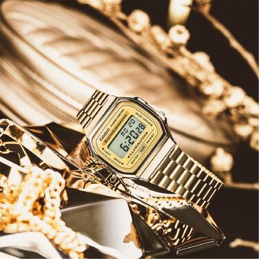 Цифровий кварцовий годинник Casio Unisex зі сталевим ремінцем, золотисто-сірий