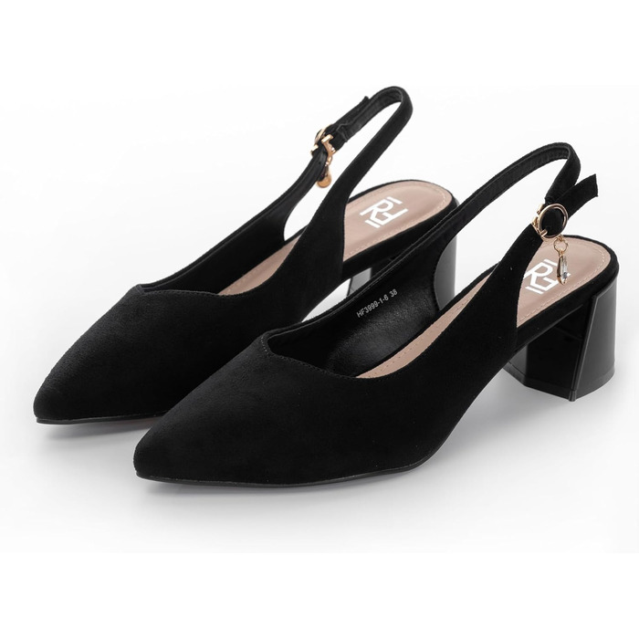 Жіночі туфлі-човники Slingback на стійких підборах 5.5 см, екозамша, чорні, розмір 38 EU