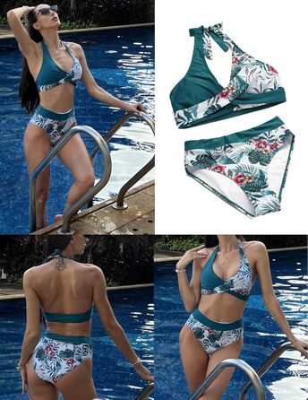 Бікіні Ecouaer для жінок, комплект двочастинний з високою талією, корегуючий животик, купальник з зав'язками на шиї, S-XXL XL, зелений