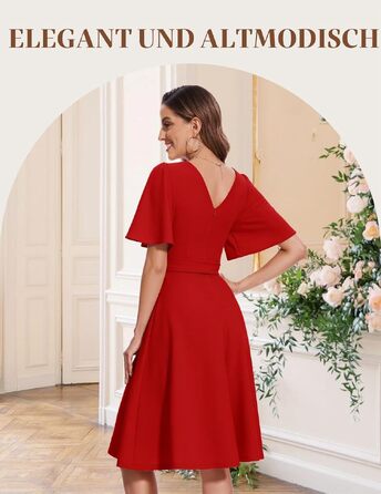 Елегантна жіноча сукня міді Bboninedress для коктейлів та вечірок, червона сукня з коротким рукавом та поясом для весіль та свят (XL, червоний)
