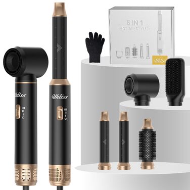 Мультистайлер для волосся 5 в 1 UKLISS Airstyler: фен, вирівнювач, круглі щітки та локони, чорний/золотий