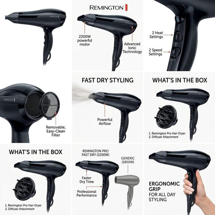 Фен для волосся Remington Pro-Air D5210 з іонізацією, керамічним кільцем та концентратором, 2200 Вт, чорний