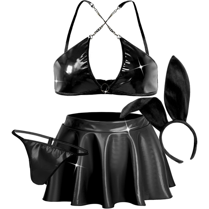 Костюм косплею «Сексуальний кролик» для жінок: міні-сукня, комплект нижньої білизни з танга, чорний, розмір L