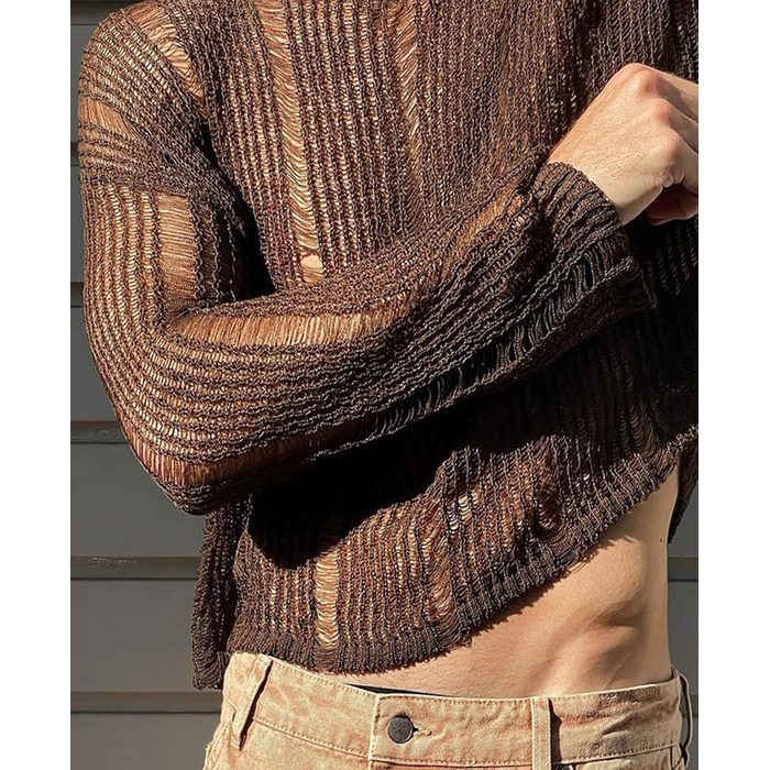 Чоловіча прозора сорочка AIEOE: мереживна сорочка з довгим рукавом для клубу, колір: коричневий