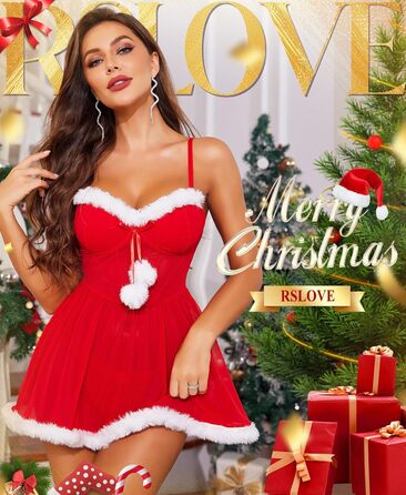 RSLOVE Сексуальна новорічна білизна для жінок - ніжна сорочка з помпонами з штучного хутра, святкова білизна, костюм XXL, червоний