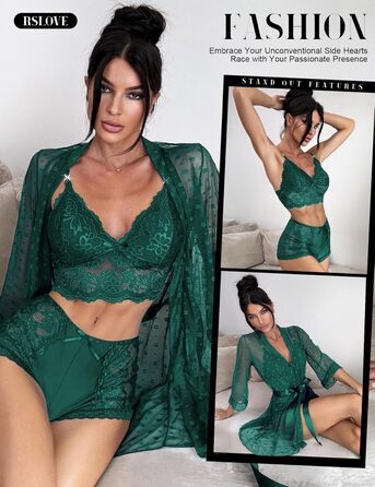 RSLOVE Комплект жіночої білизни: мереживний халат, бюстгальтер та труси (S, Зелений)