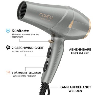 Професійний фен для волосся CONFU 2300W з іонною технологією, дифузором та вузьким соплом, AC-мотор, 2 швидкості, 3 температурні режими та холодний обдув, 220V (Сірий)