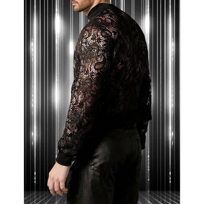 Чоловіча мереживна куртка AIEOE з довгим рукавом, сітчаста сорочка, топ для вечірок, клубної моди, прозора блейзер, сітчаста сорочка для нічного клубу, карнавалу, чорного кольору