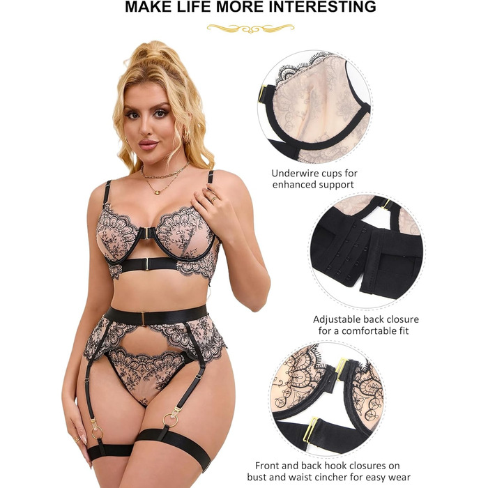 Сексуальна спідня білизна Ohyeahlady для жінок: комплект бюстгальтера та трусиків Push Up з мереживом та шнурівкою. Чорний боді з бюстгальтером та трусиками.
