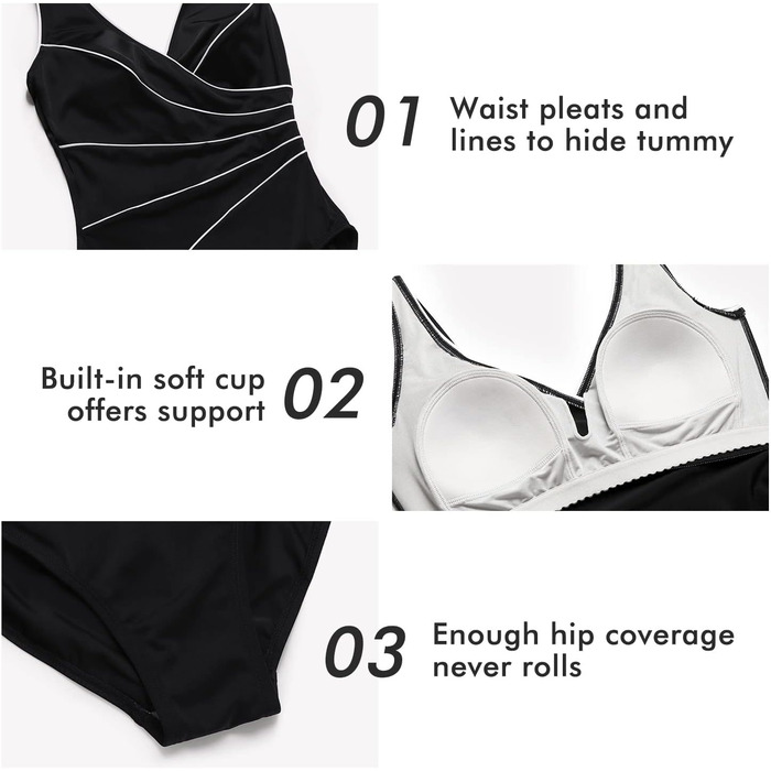 Купальник жіночий Delimira великі розміри, чорний, з V-подібним вирізом, з м'якими вставками