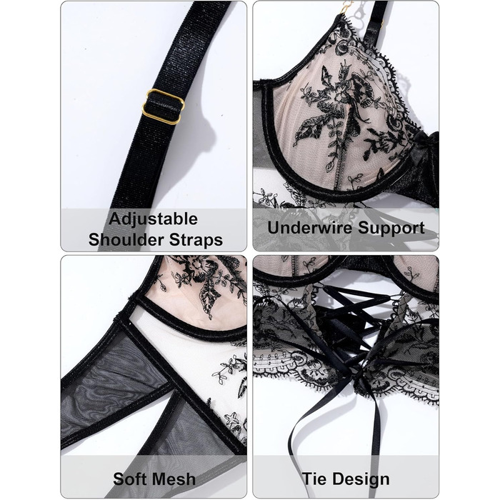 FEOYA Комплект бюстгальтера та трусиків push-up з мереживом та вишивкою, чорний, XL