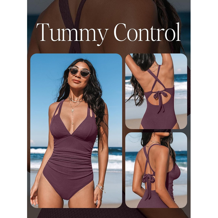 Купальник CUPSHE з V-подібним вирізом, що підтягує живіт, з глибоким вирізом на спині, суцільний, фіолетово-коричневий