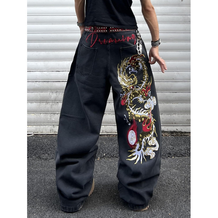 Чоловічі джинси Baggy з вишивкою, широкі штани денім (XXL, чорні, A50)