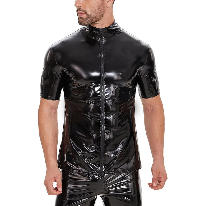 Чоловічі сорочки з екошкіри SDGHH-8MMDM: класичні, блискучі, з ефектом мокрого блиску, м'юслі фіт, короткий рукав, на блискавці, чорні, 3XL