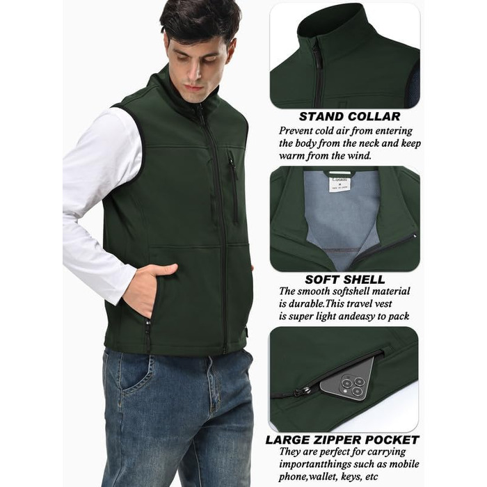 Чоловічий легкий жилет Softshell з флісовим підкладом, спортивний жилет-бодівормер для бігу, походів та роботи, колір зелений (3XL)