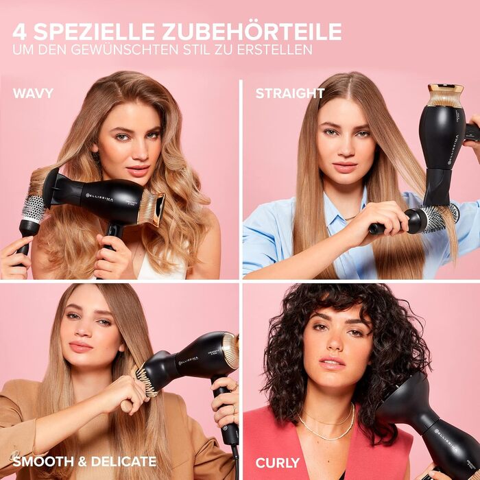 Професійний фен для волосся Bellissima Creativity 4 You, 1800 Вт, з іонною технологією, дифузором та 4 насадками, інтелектуальний контроль температури, сумка для аксесуарів