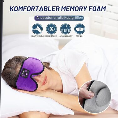 Bluetooth-маска для сну Schlafkopfhörer з 3D-ефектом та HD-стереодинаміками, регульована маска для сну та медитації, підходить для сну на боці, подорожей та йоги (Фіолетова)