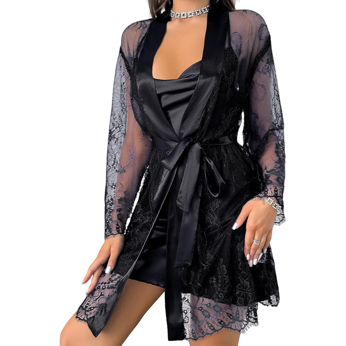 Халат жіночий FEOYA з короткими рукавами, нічна сукня, легкий неглиже з поясом, сукня-бабідол, білизна, нічна сорочка (білий/чорний, M)