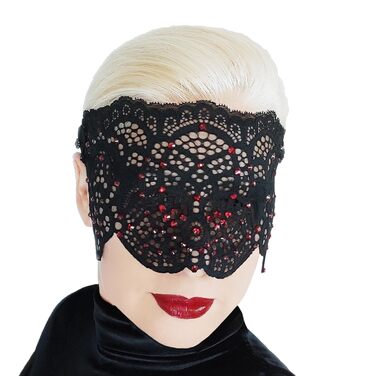 Чорна мереживна маска для жінок з чорними стразами, елегантна маска на половину обличчя, маска для маскараду та карнавалу, мереживна маска для вечірки з гумкою (Чорний (червоні стрази))