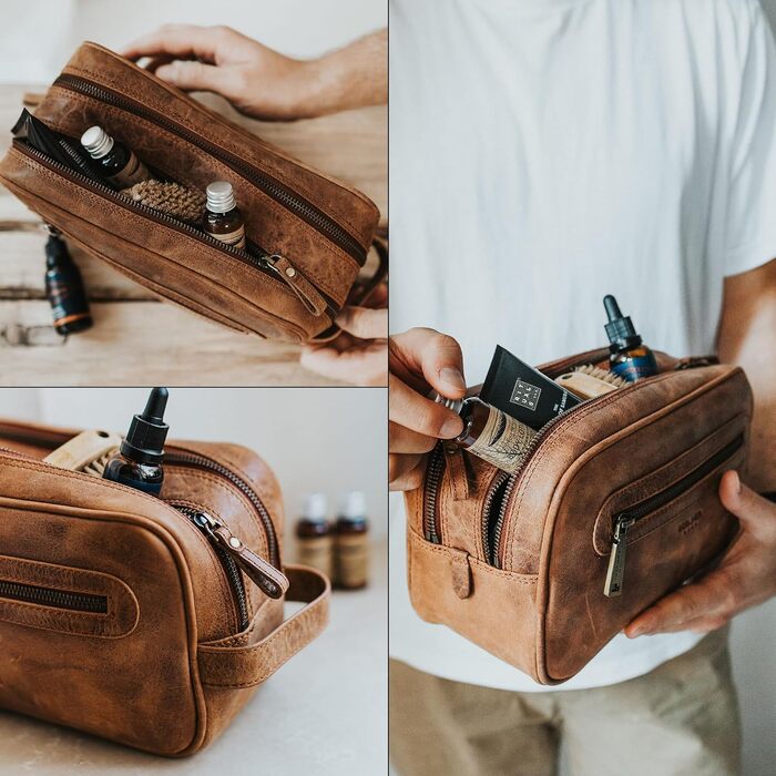 Шкіряна косметичка для подорожей Berliner Bags Vintage Kulturbeutel Max, велика сумка для гігієни з 2 відділеннями, унісекс, колір коричневий камель