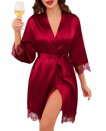 Халат жіночий Lovasy Satin з короткими рукавами, стиль кімоно, мереживо, сексуальний, для вечірки, весілля, з поясом, фіолетовий, червоний, L
