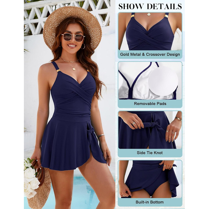 Купальник жіночий Badeanzug Damen з V-подібним вирізом, push-up, суцільний, для схуднення, пляжний, літній (темно-синій, S)
