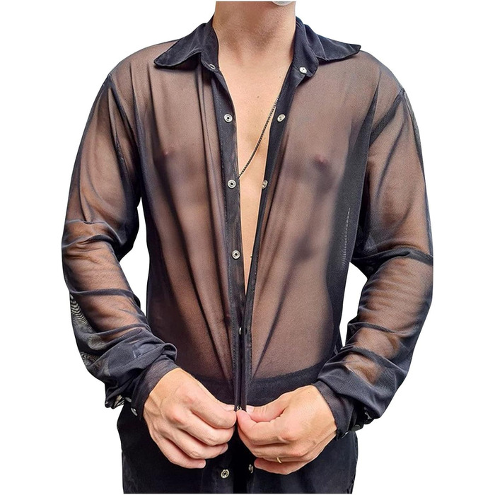 Чоловіча сорочка UNeedVog з прозорою тканини, чорна, з відкладним коміром, XL