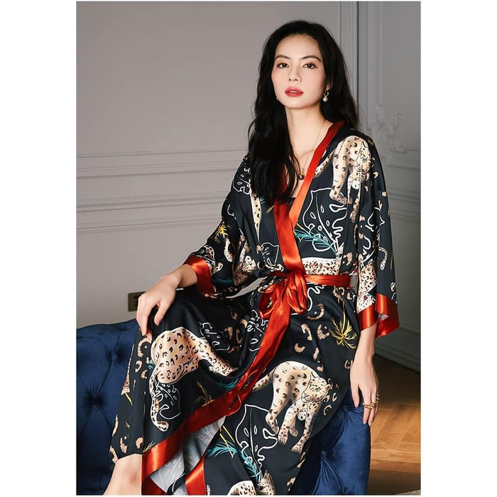 Жіночий халат-кімоно з атласу, максі, довгий, з квітковим принтом, легкий літній халат, жіночий халат для сну, піжама для вечірки, леопардовий принт (універсальний розмір)