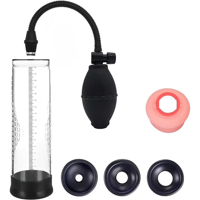 Ручний пеніс-насос з силіконовою іграшкою та 3 насадка-чохлами. Манометр та шкала. Для збільшення та ерекції. Для чоловіків.