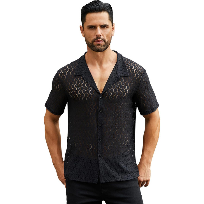 Чоловіча мереживна сорочка ABEHIK, чорна, з короткими рукавами, для вечірок та клубів