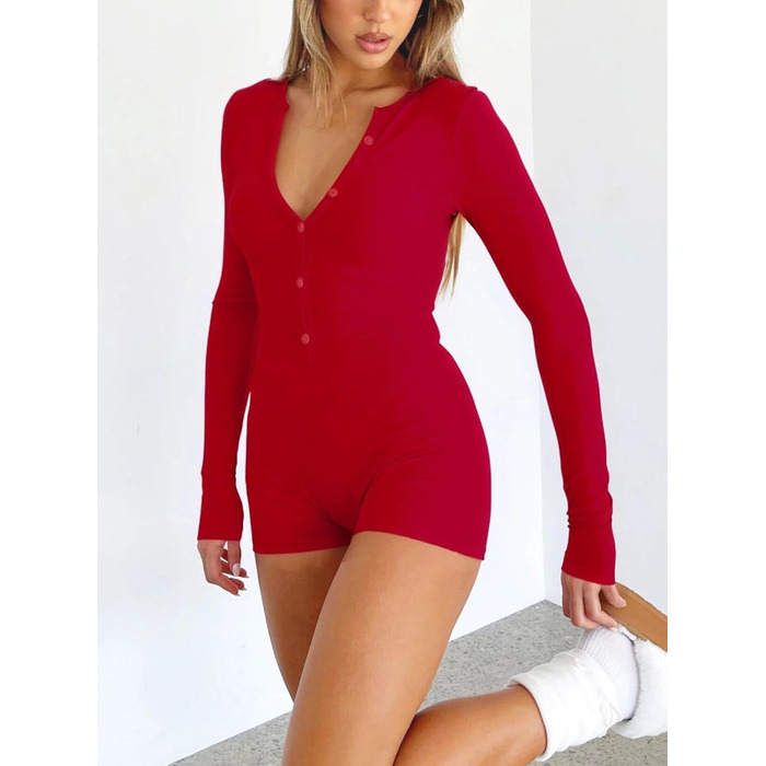 Жіночий комбінезон LACOZY з довгими рукавами та V-подібним вирізом, стильний Y2K, облягаючий, піжамний, для фітнесу, білий (S, червоний)
