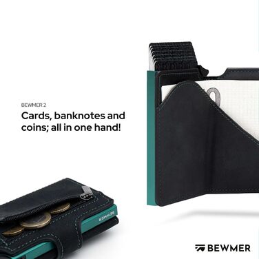 Слім-гаманець BEWMER v2 з монетницею та RFID-захистом для чоловіків та жінок, картхолдер з антиклонінгом на 9 карток та відділенням для купюр (Чорний-бірюзовий)