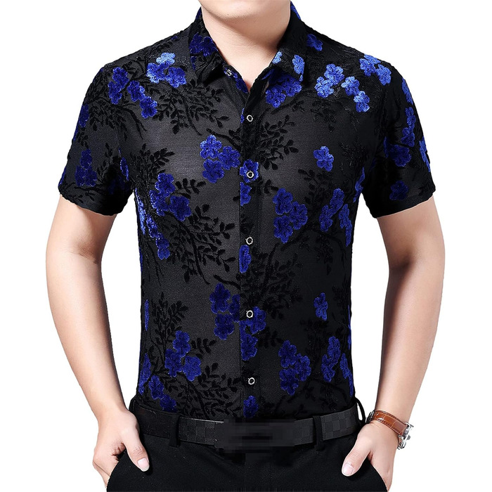 Чоловіча прозора сорочка з квітковим принтом, велюр, клубний стиль, блакитна, 3XL
