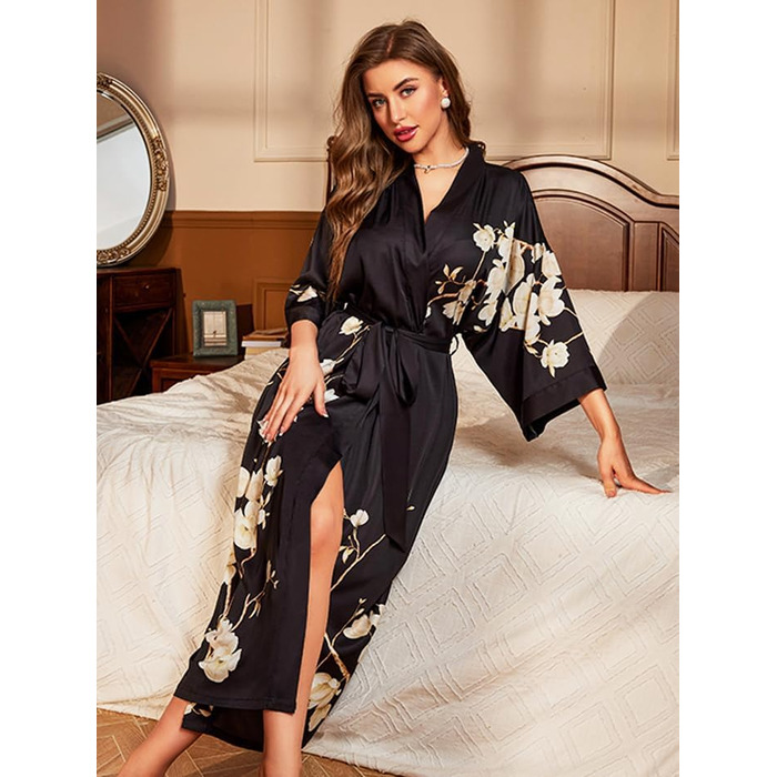 Чоловічий халат з довгим атласним кімоно, квітка, шовковий халат, халат для нареченої, халат для дівчат (універсальний розмір, чорний - магнолія)
