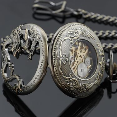 Механічний кишеньковий годинник Tiong Vintage Steampunk зі скелетоном, римськими цифрами та ланцюжком (бронза, чорний) — подарунковий набір з коробкою